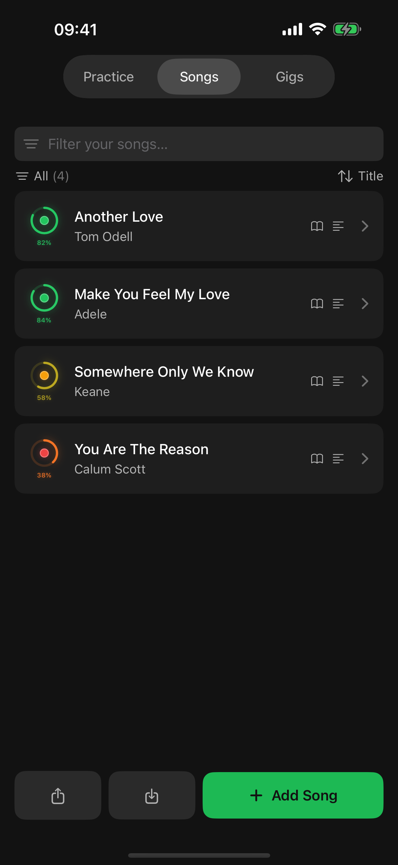 Song library with readiness ratings